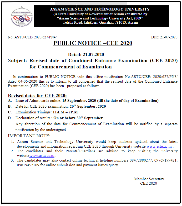 Assam CEE Exam Admit Card 2020 ASTU Revised Exam Dates