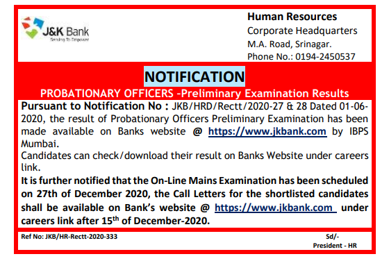 JK Bank PO Mains Exam Notice