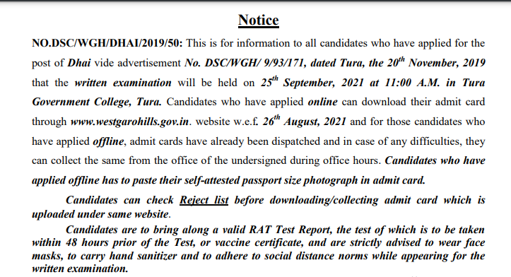 West Garo Hills District Exam Notice