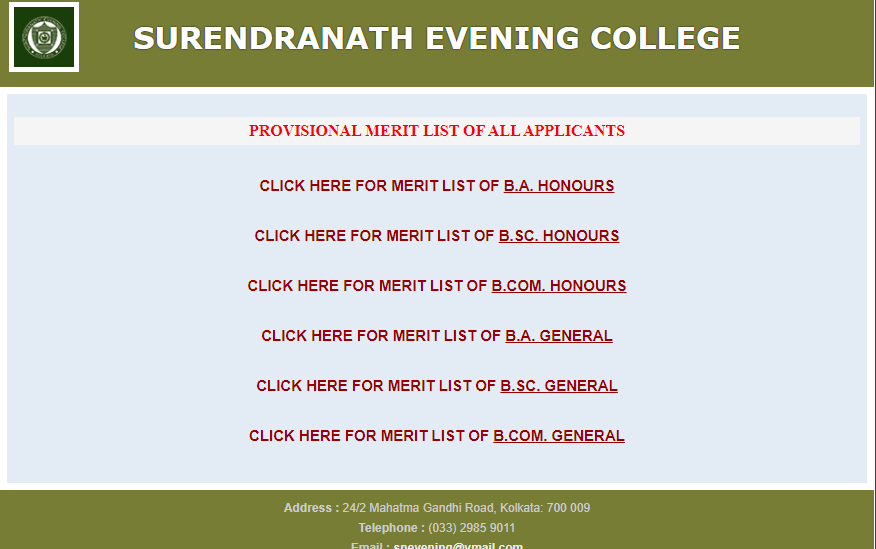 UG Merit List Page